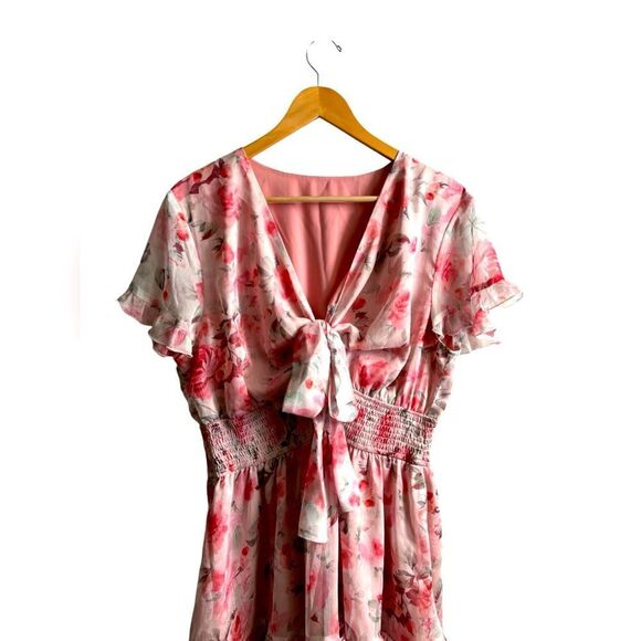 Bow-Tie Front Layered Pink Floral Layered Frill Dress Size Large NWOT 5 0446 - Picture 6 of 11